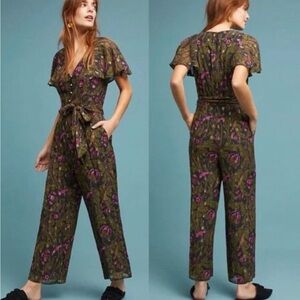 Anthropologie Green Jumpsuit with Pink Floral Print NWT